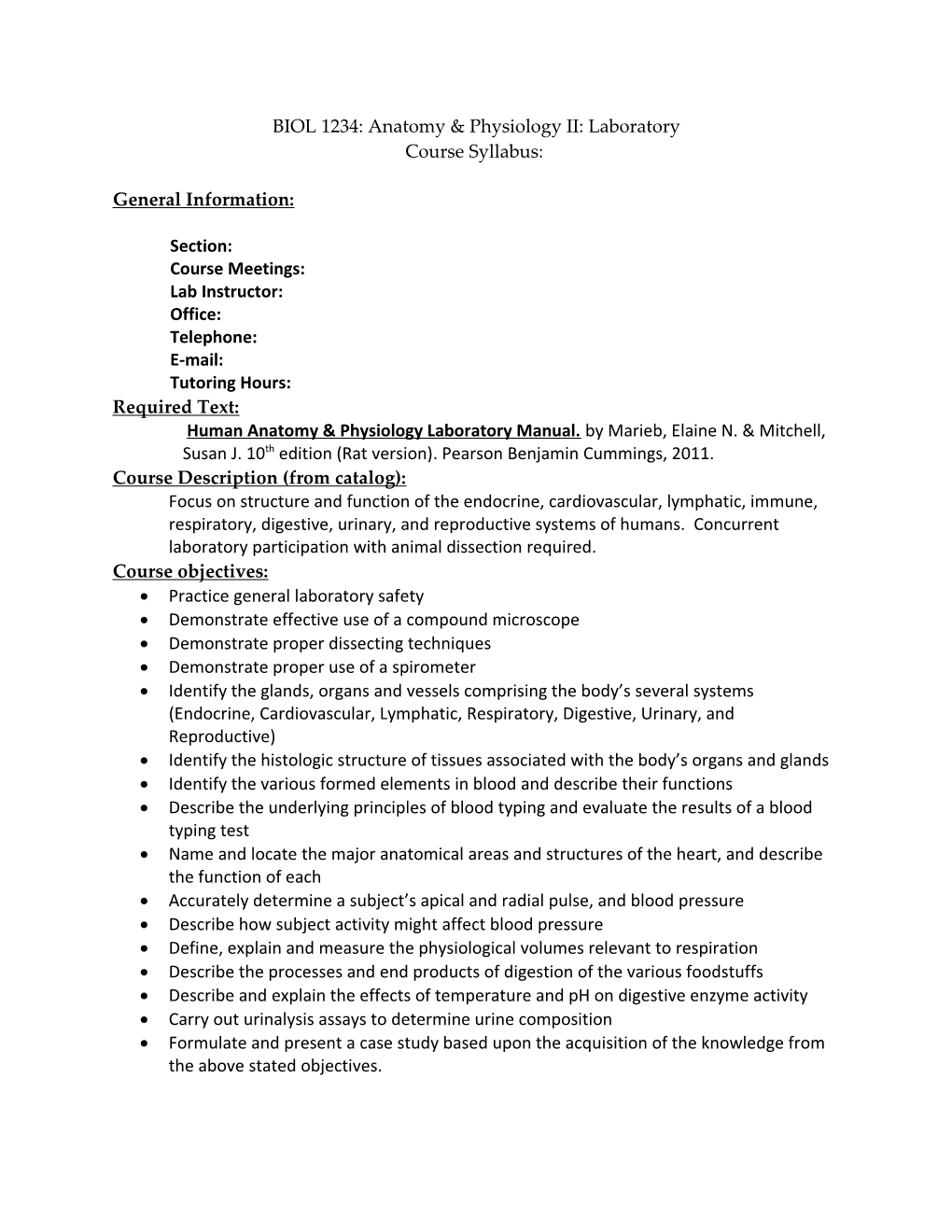 BIOL 1234: Anatomy & Physiology II: Laboratory