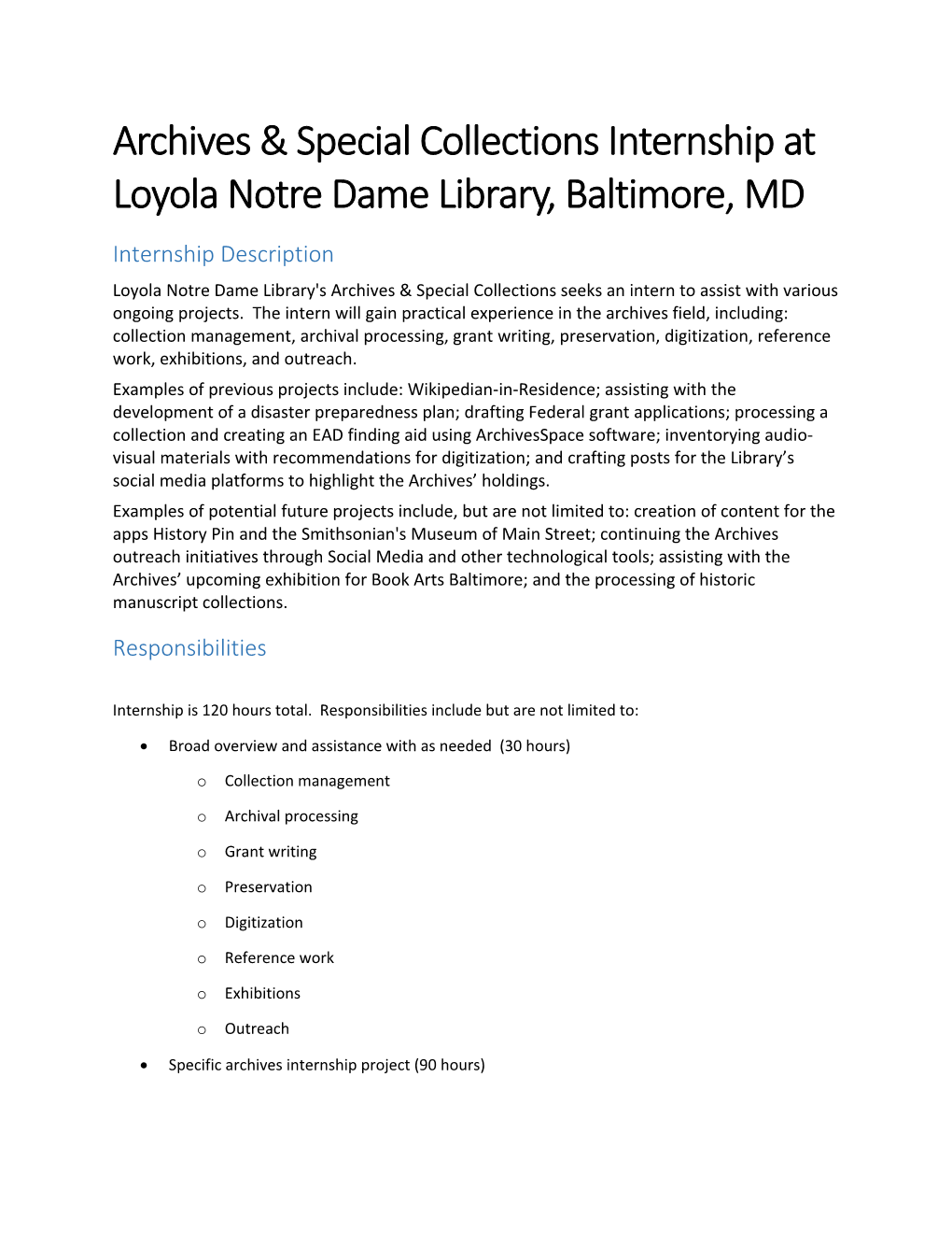 Archives & Special Collections Internship at Loyola Notre Dame Library, Baltimore, MD