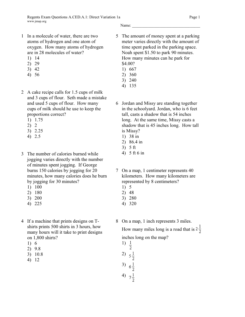 Regents Exam Questions A.CED.A.1: Direct Variation 1Apage 1