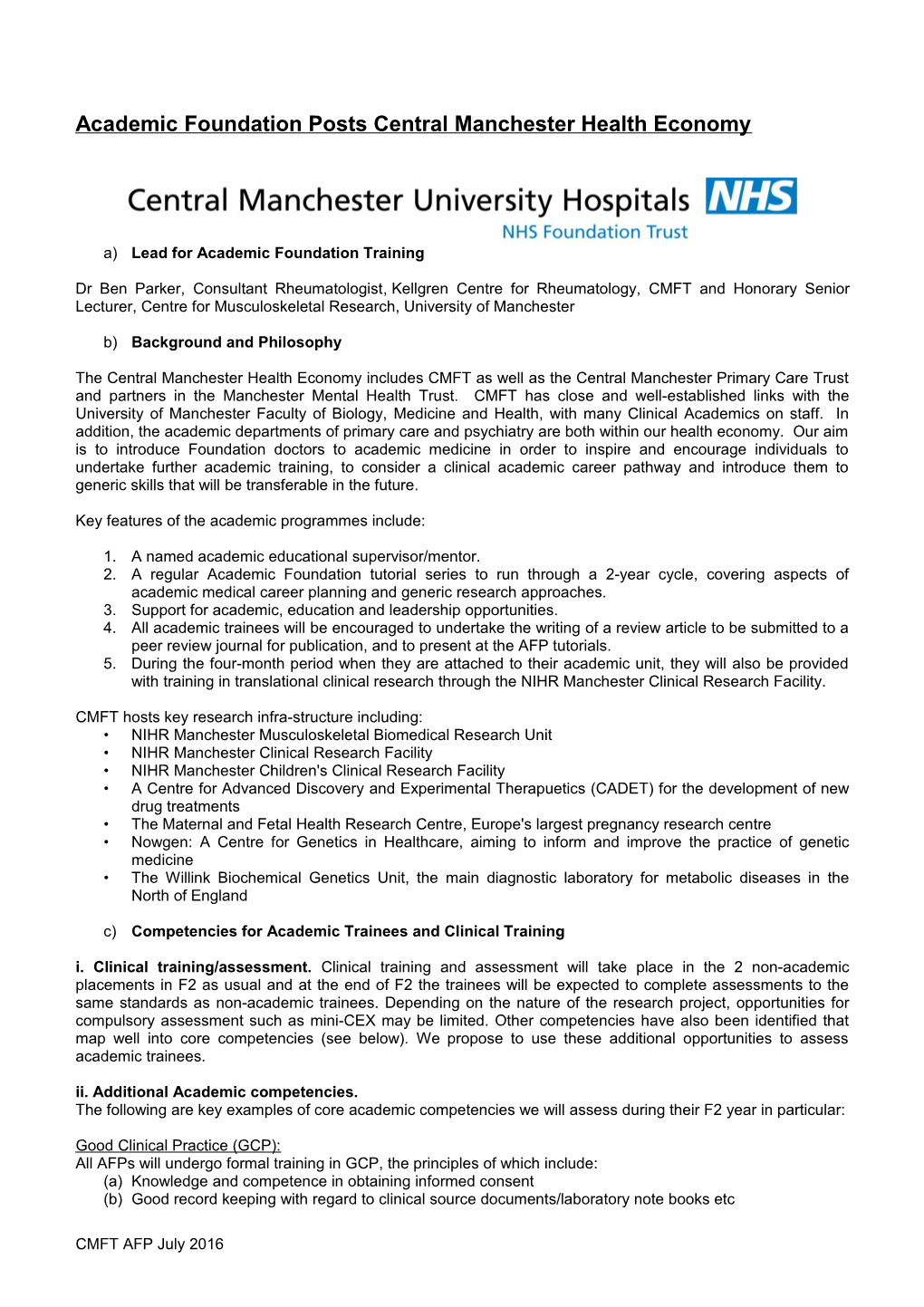 Re: Academic Foundation Posts Central Manchester Health Economy