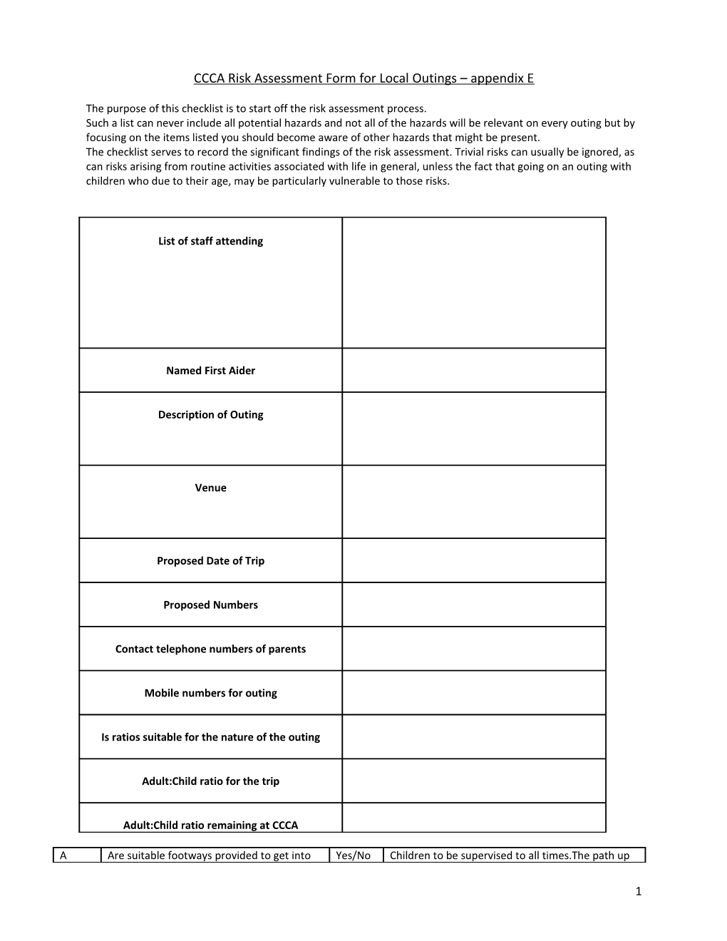 Early Learners Risk Assessment Form for Outings