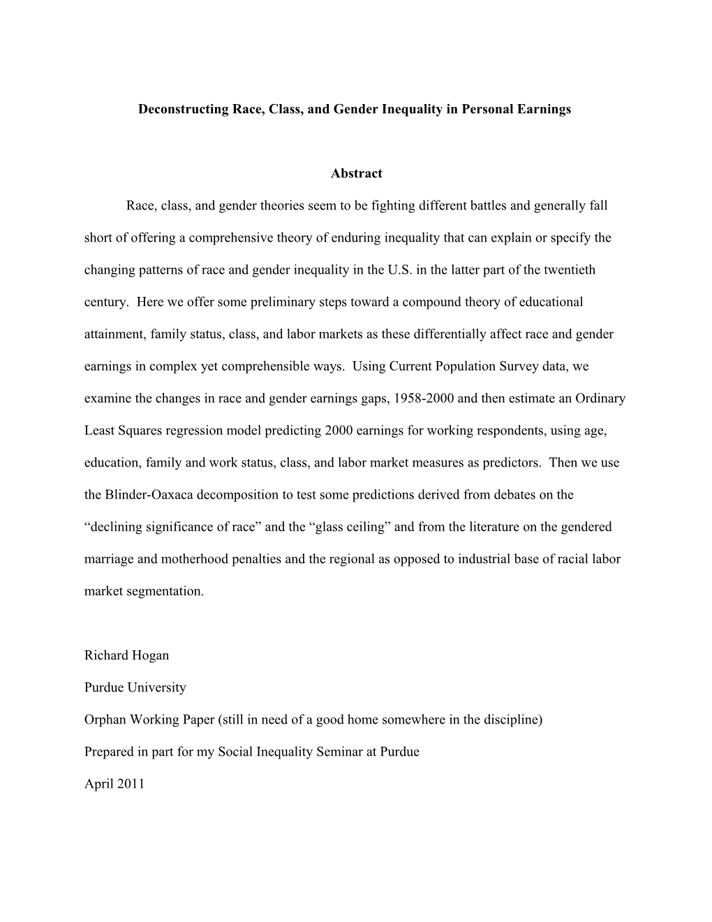 Deconstructing Race, Class, and Gender Inequality in Personal Earnings