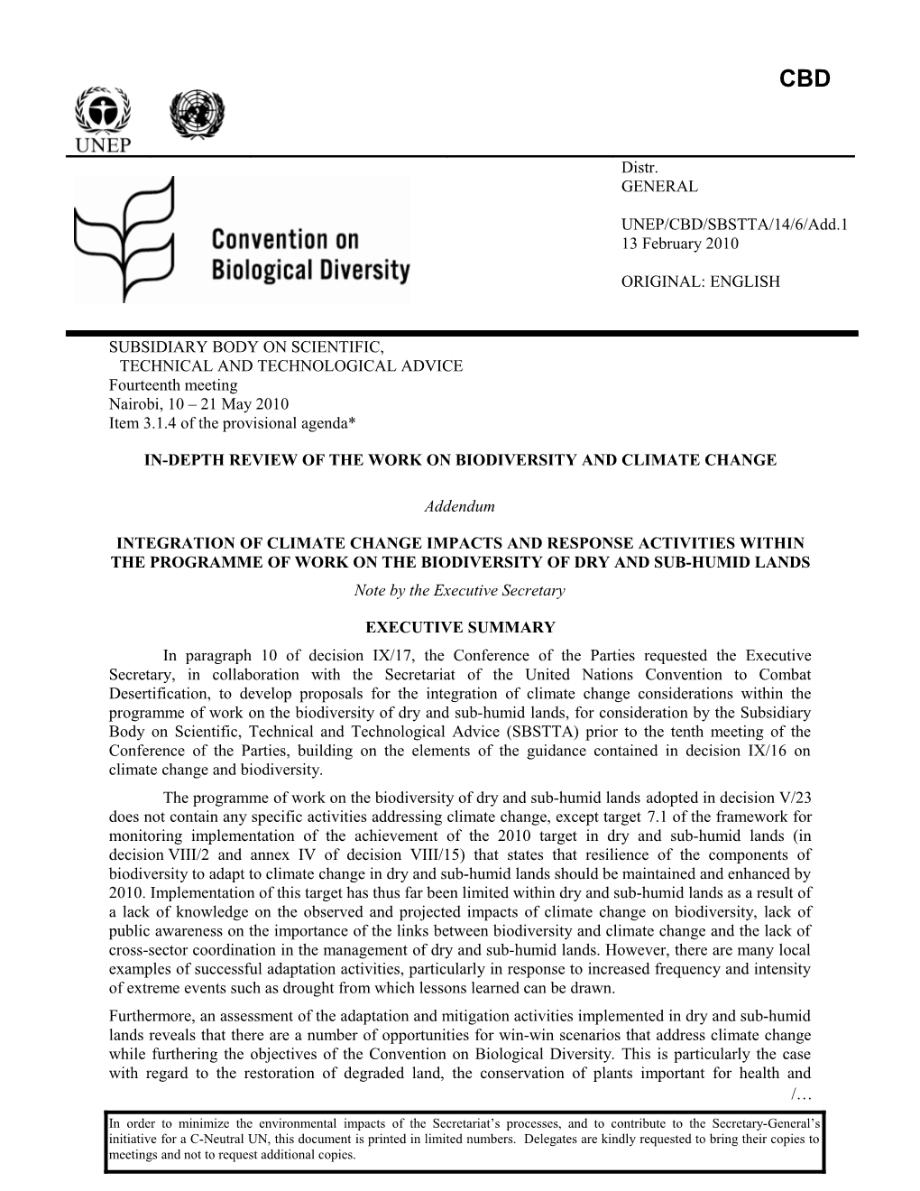 Integration of Climate Change Impacts and Response Activities Within the Programme of Work