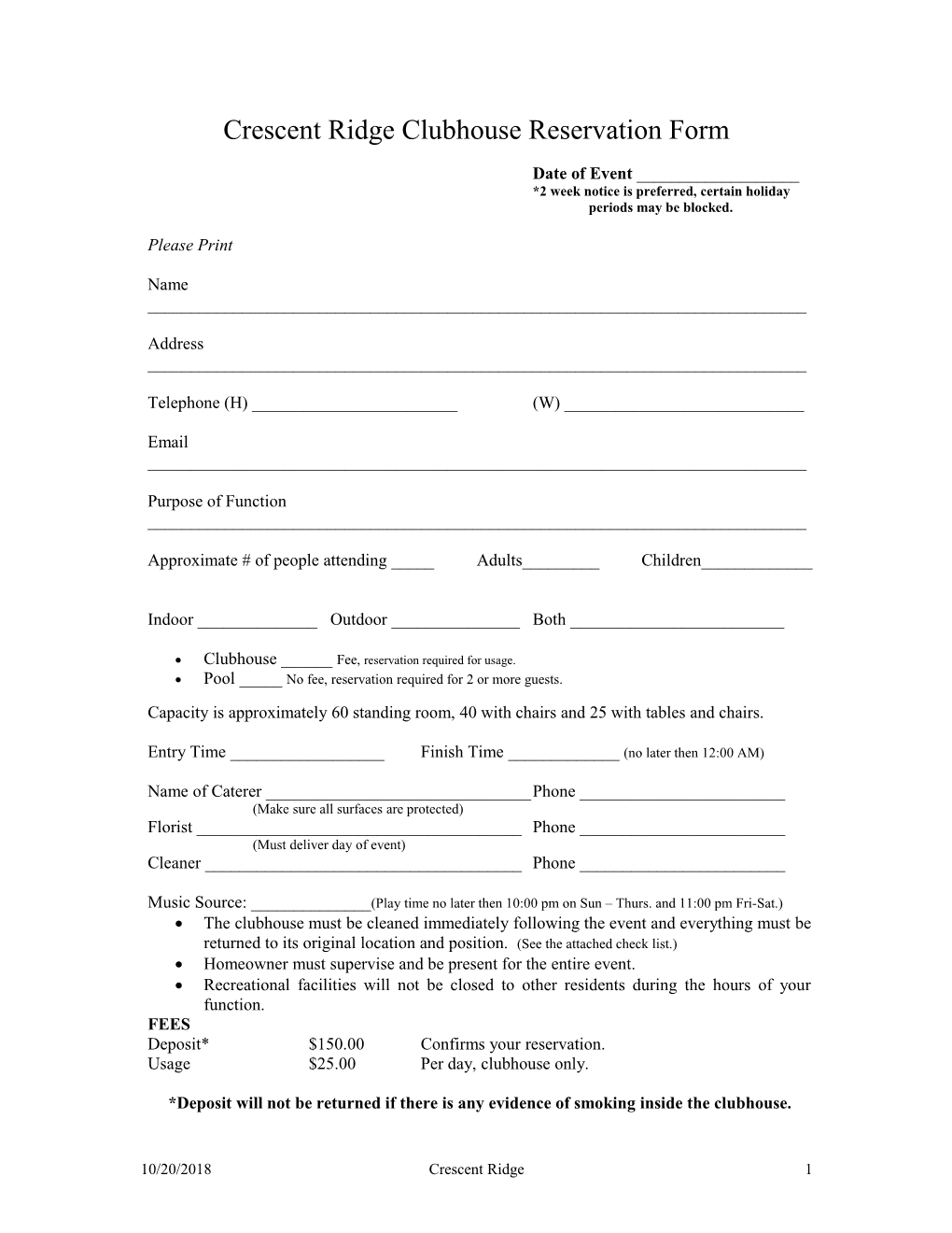 Clubhouse Reservation Form