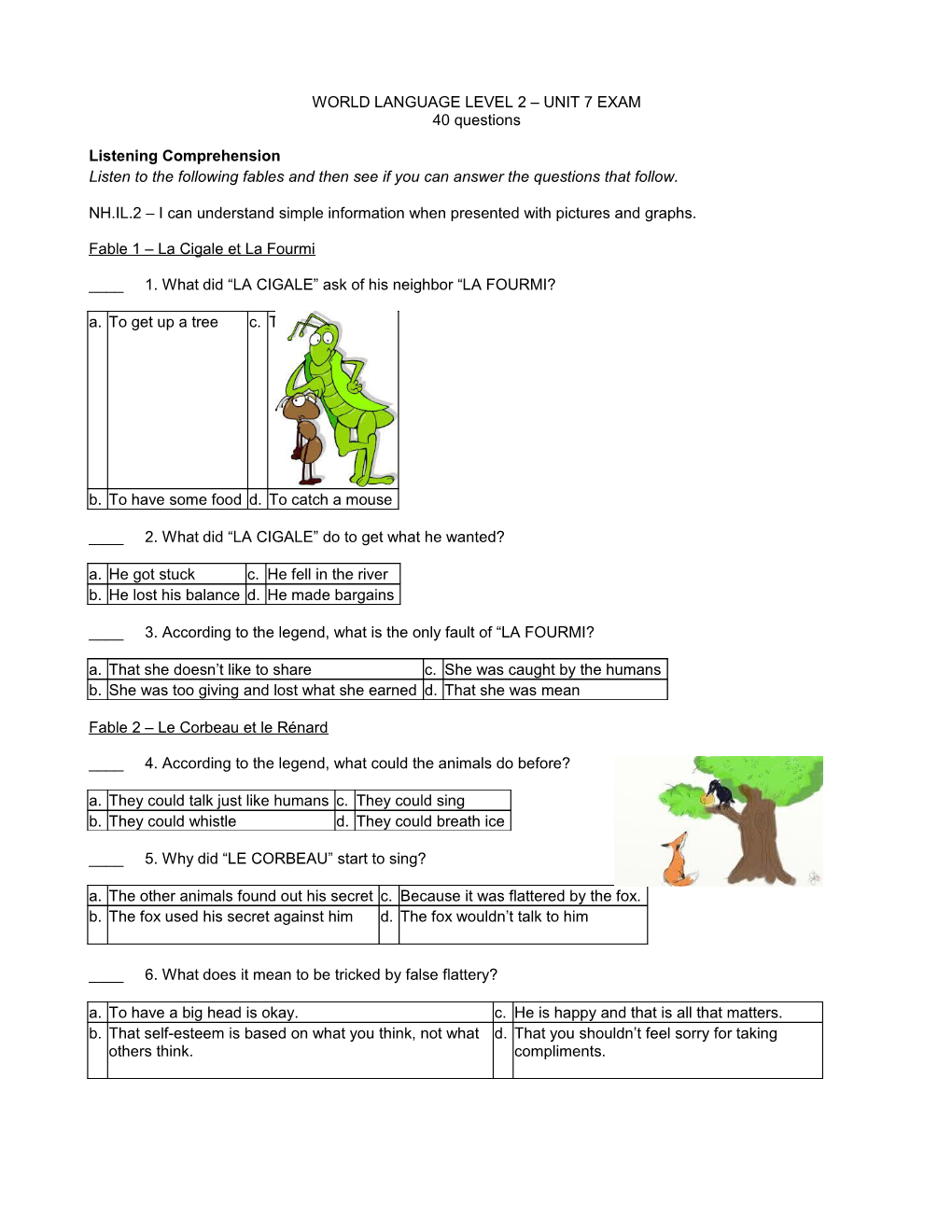 World Language Level 2 Unit 7 Exam