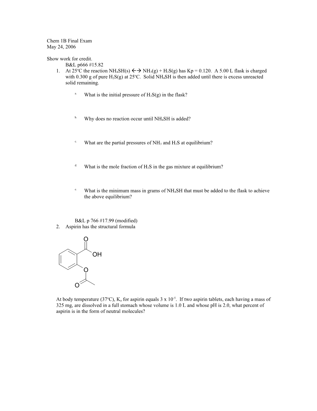 Chem 1B Final Exam