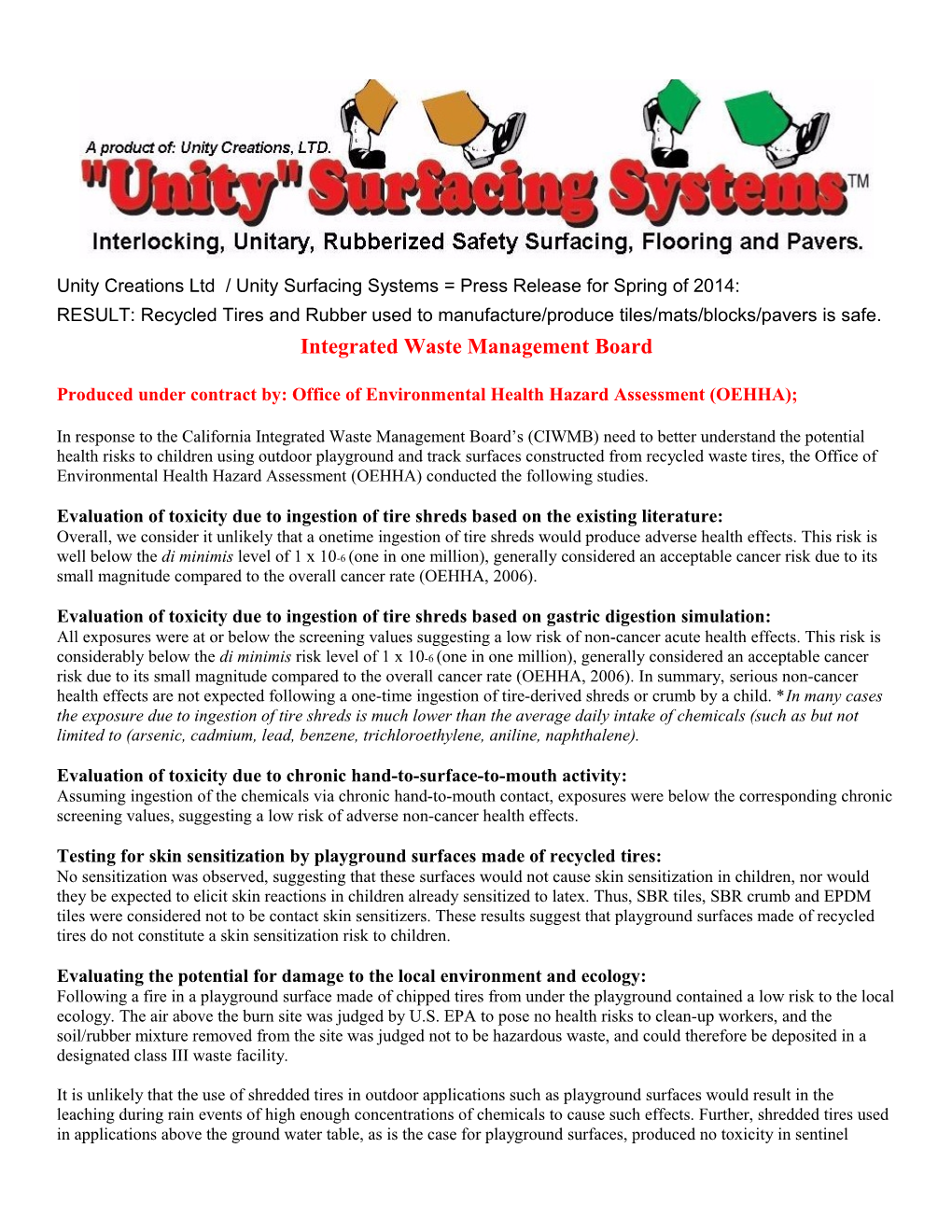 Unity Creations Ltd / Unity Surfacing Systems =Press Release for Spring of 2014