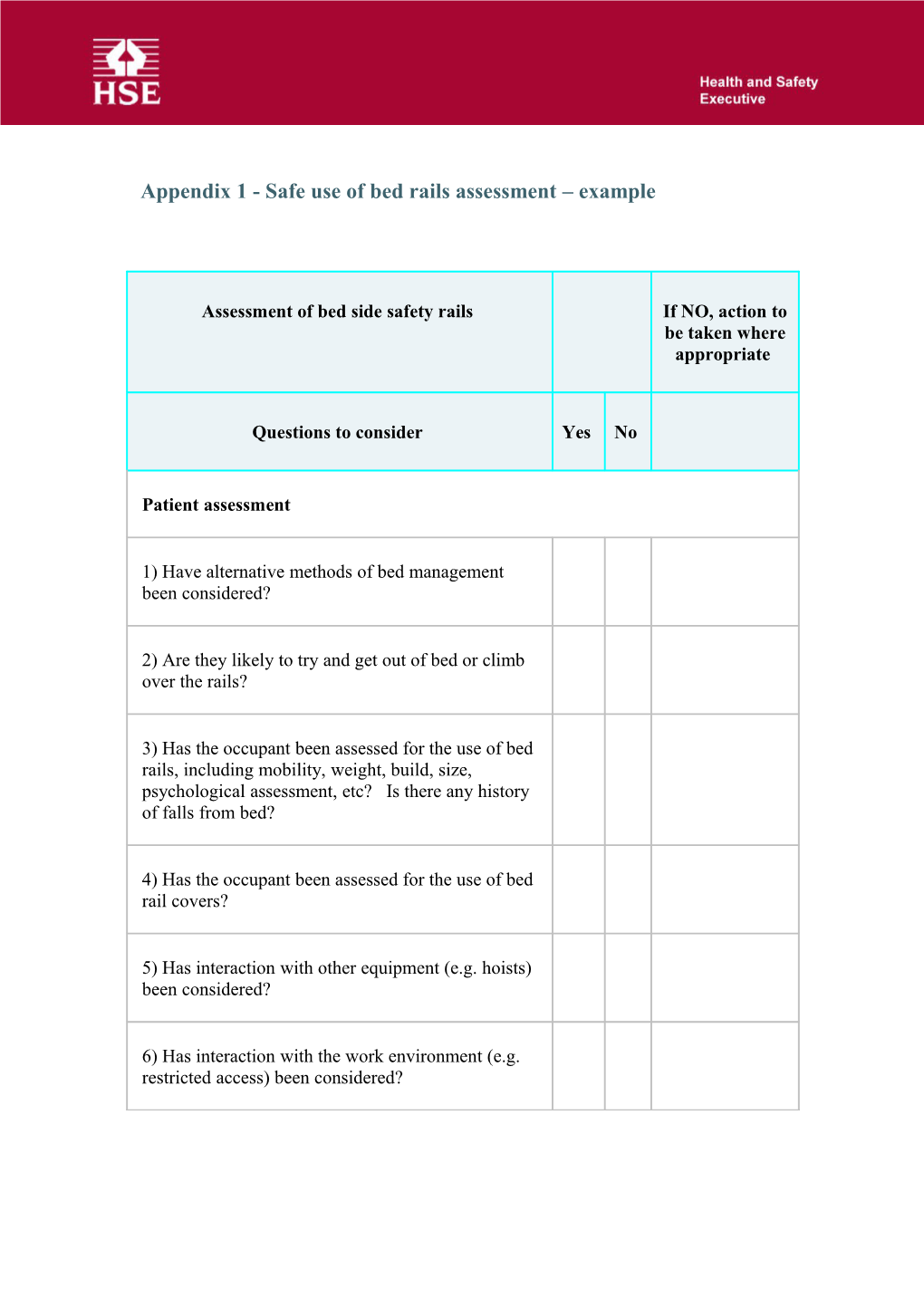 Appendix 1 - Safe Use of Bed Rails Assessment Example
