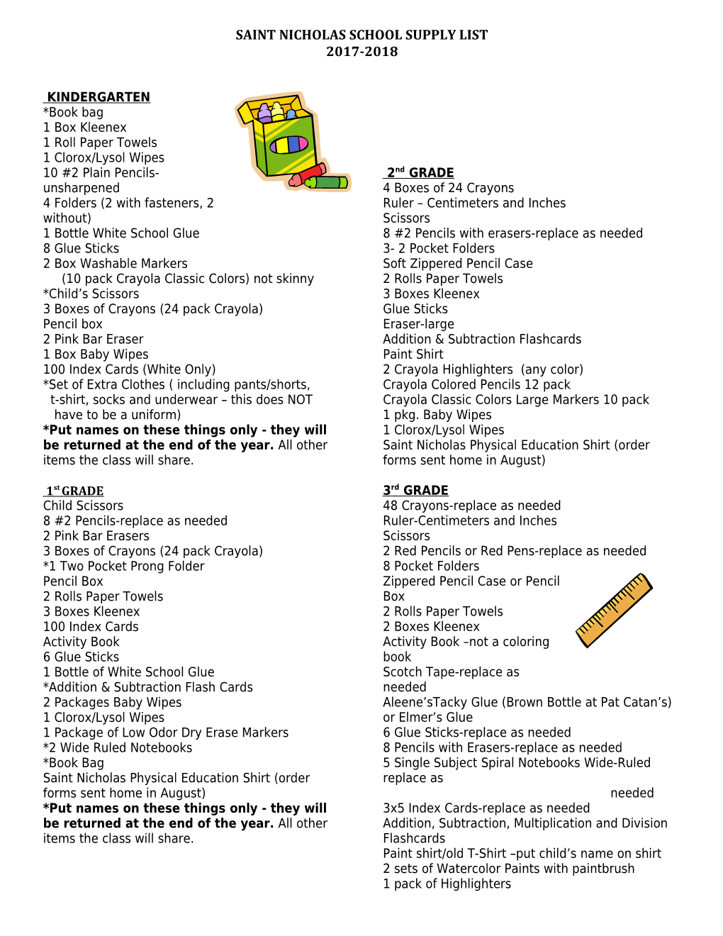 Saint Nicholas School Supply List