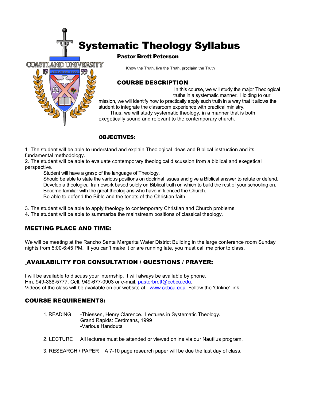 Systematic Theology Syllabus Pastor Brett Peterson