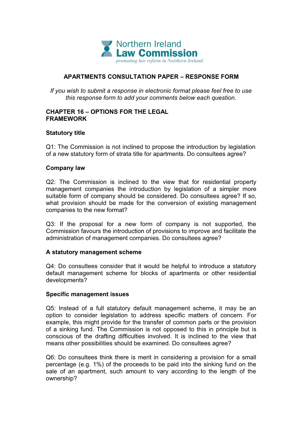 Apartments Consultation Paper Response Form