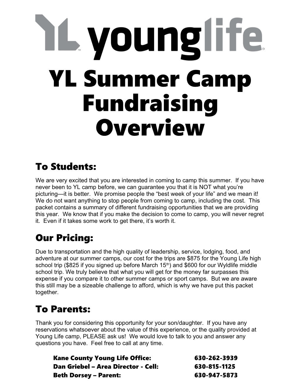 YL Summer Camp Fundraising Overview