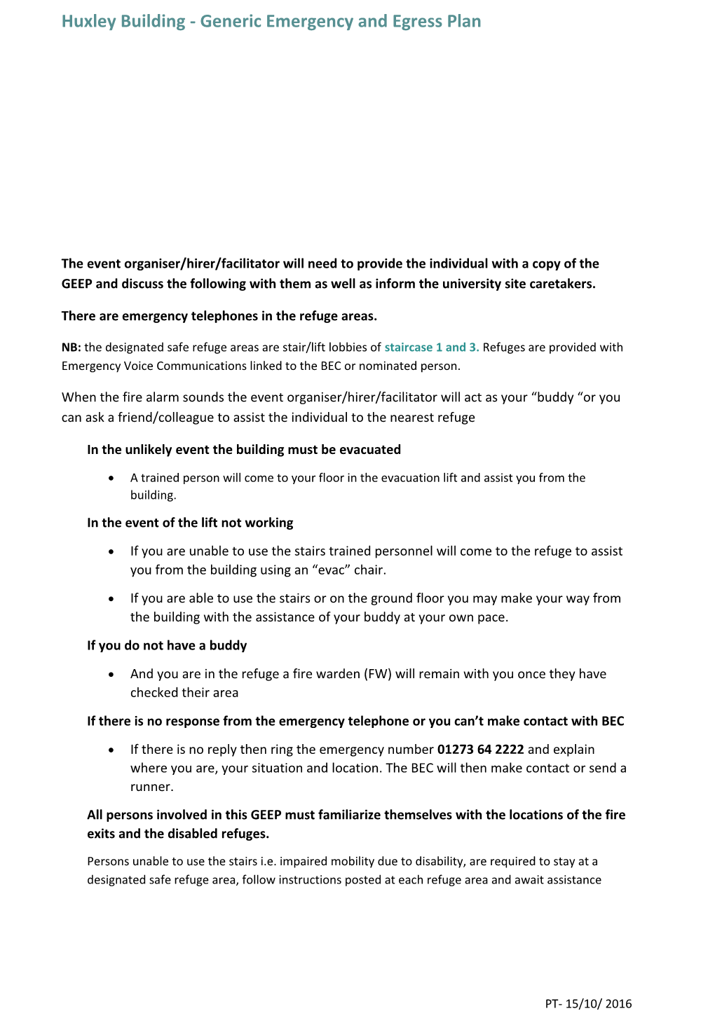 Huxley Building - Generic Emergency and Egress Plan