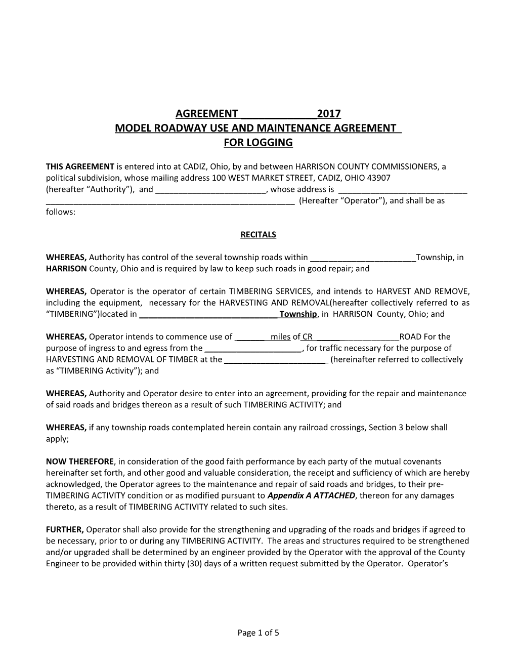Model Roadway Use and Maintenance Agreement