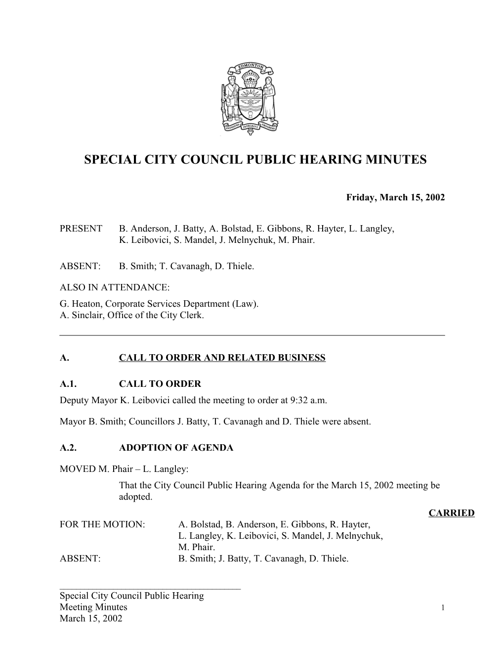 Minutes for City Council March 15, 2002 Meeting