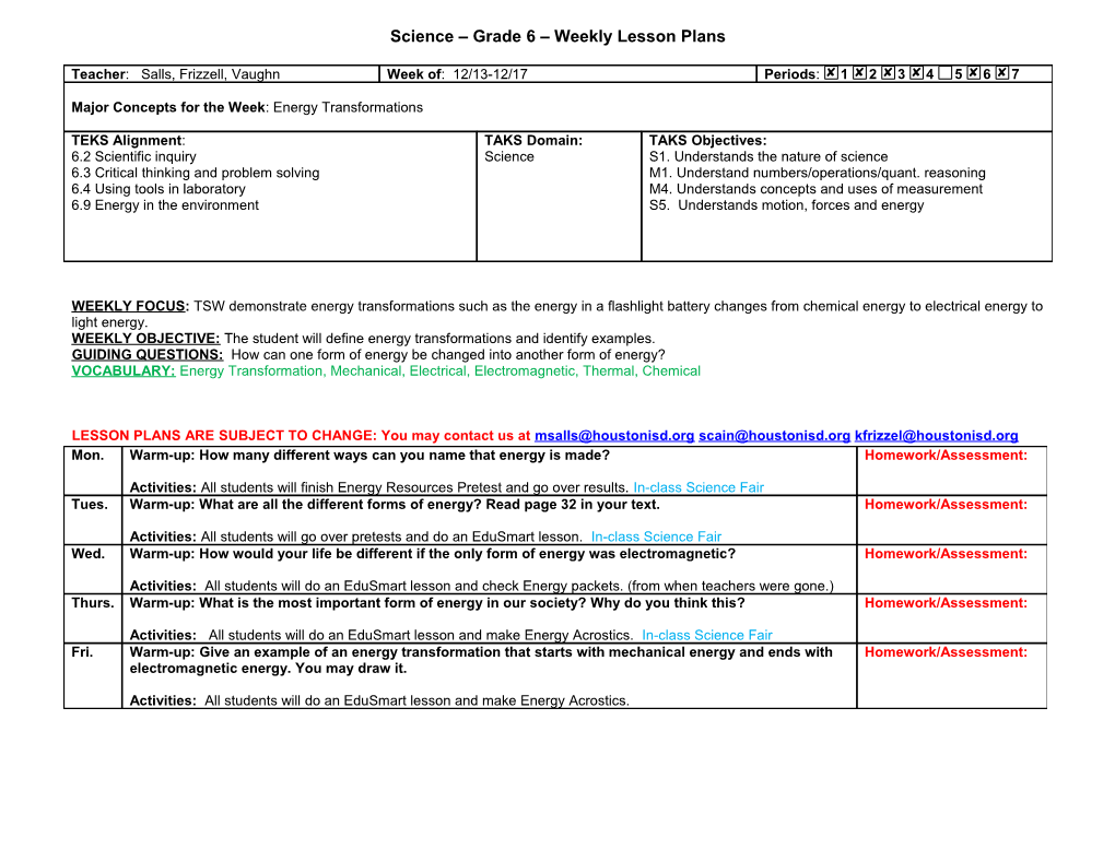 English Grade 6 Weekly Lesson Plans