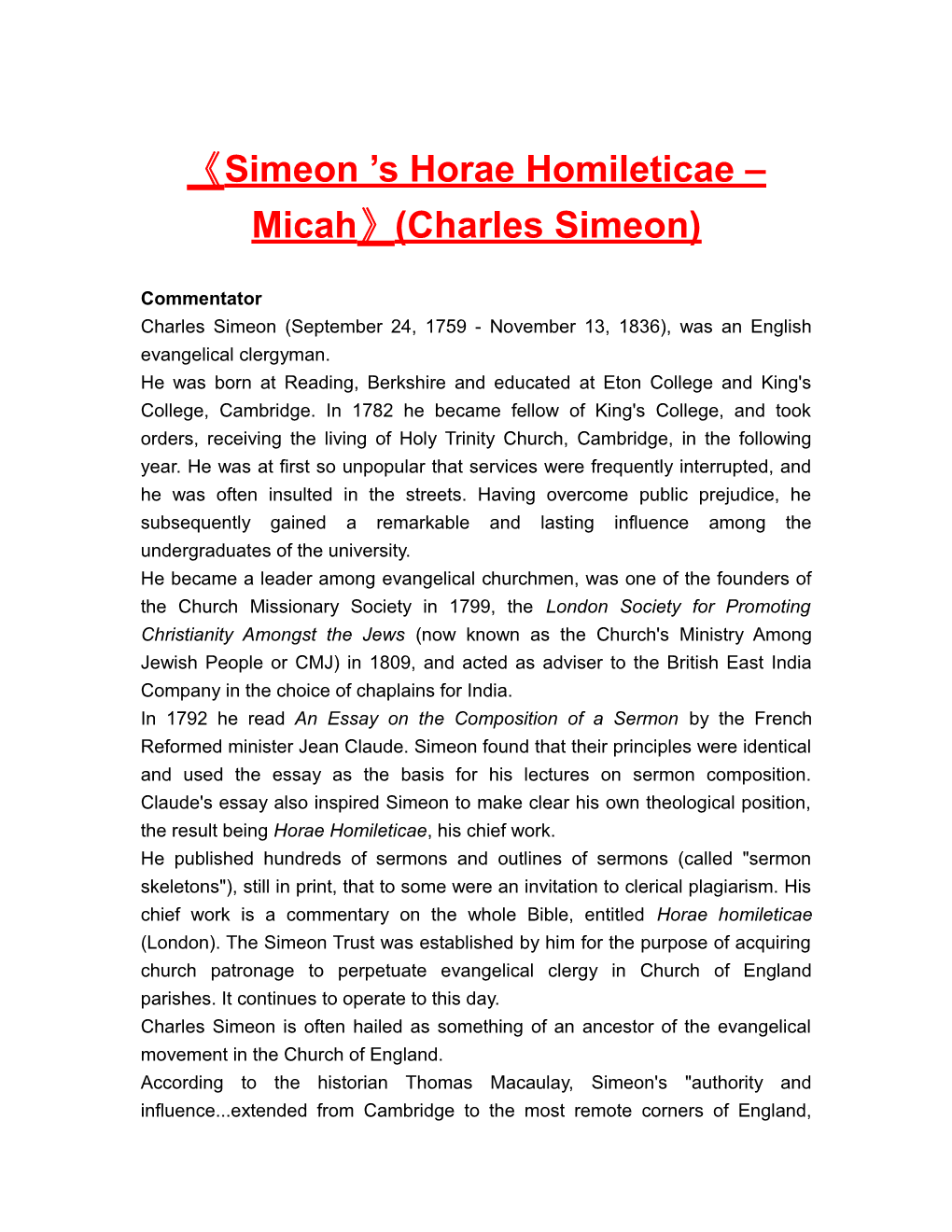 Simeon S Horae Homileticae Micah (Charles Simeon)