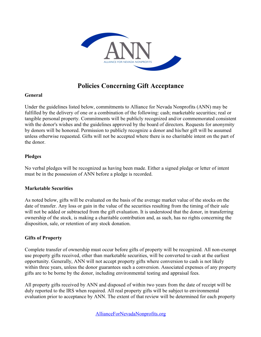 ANN Policies Concerning Gift Acceptance