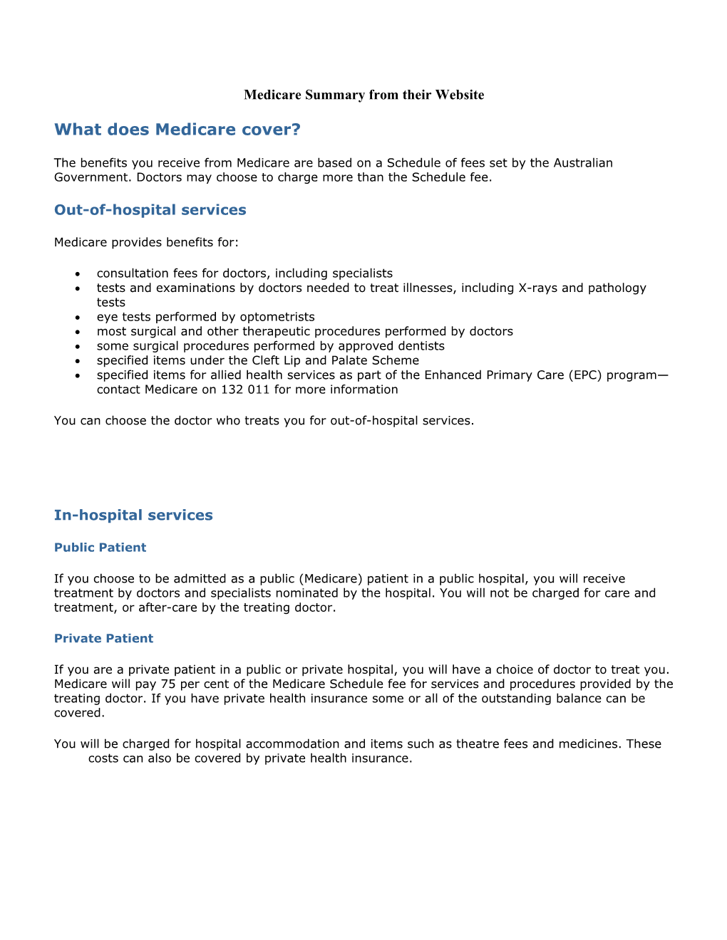 Medicare Summary from Their Website