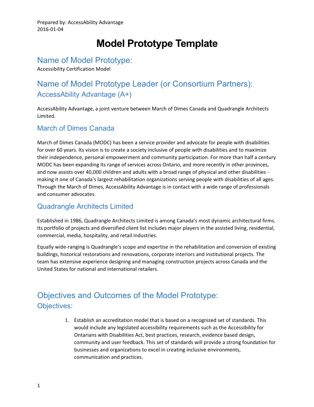 Name of Model Prototype Leader (Or Consortium Partners)