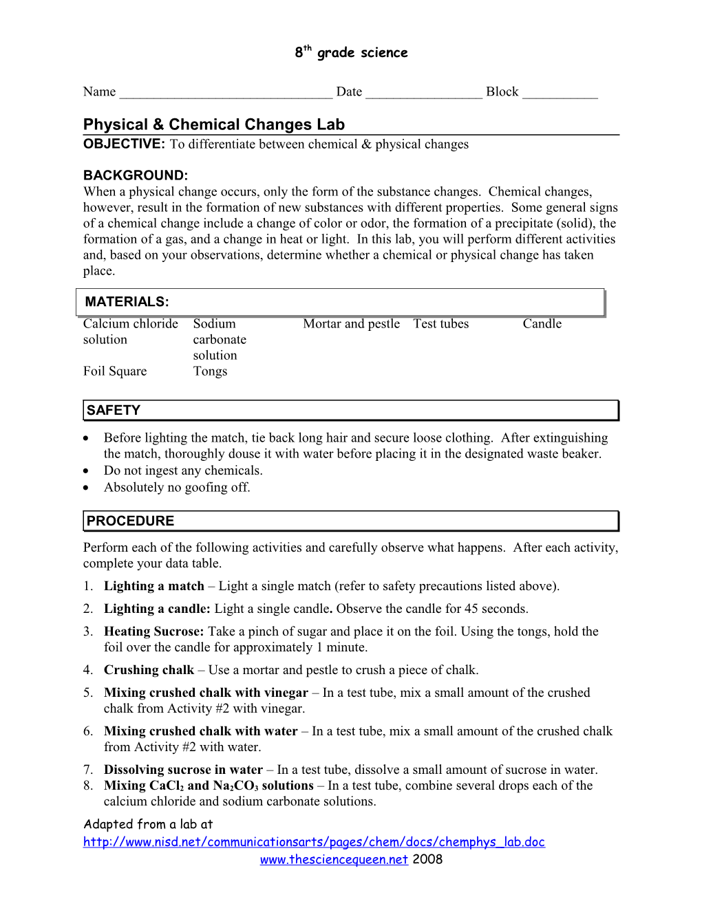 Physical & Chemical Change Lab