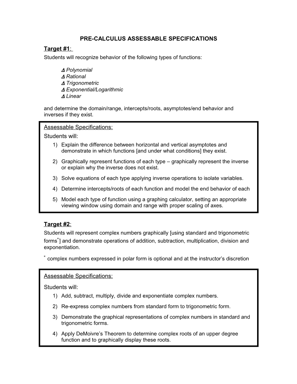 Pre-Calculus Assessable Specifications