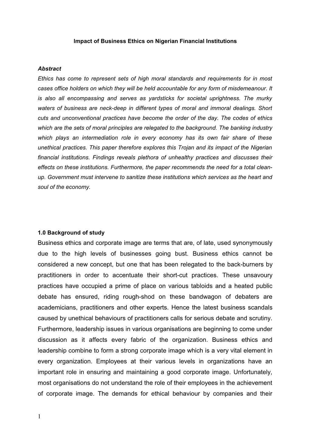 Impact of Business Ethics on Nigerian Financial Institutions