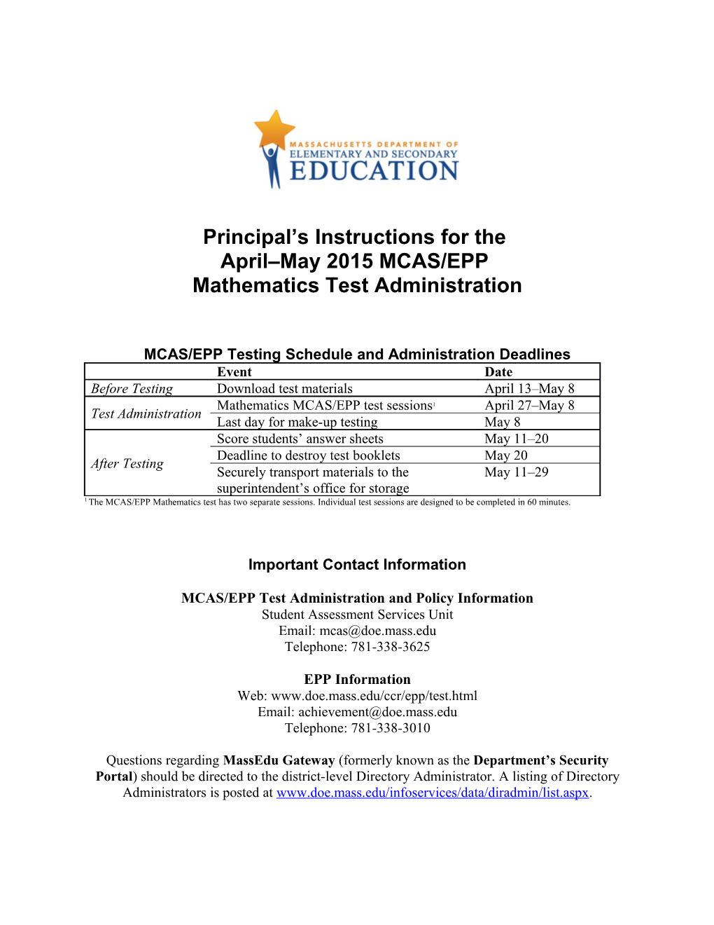 Principal's Instructions for April/May Math MCAS/EPP Test Administration