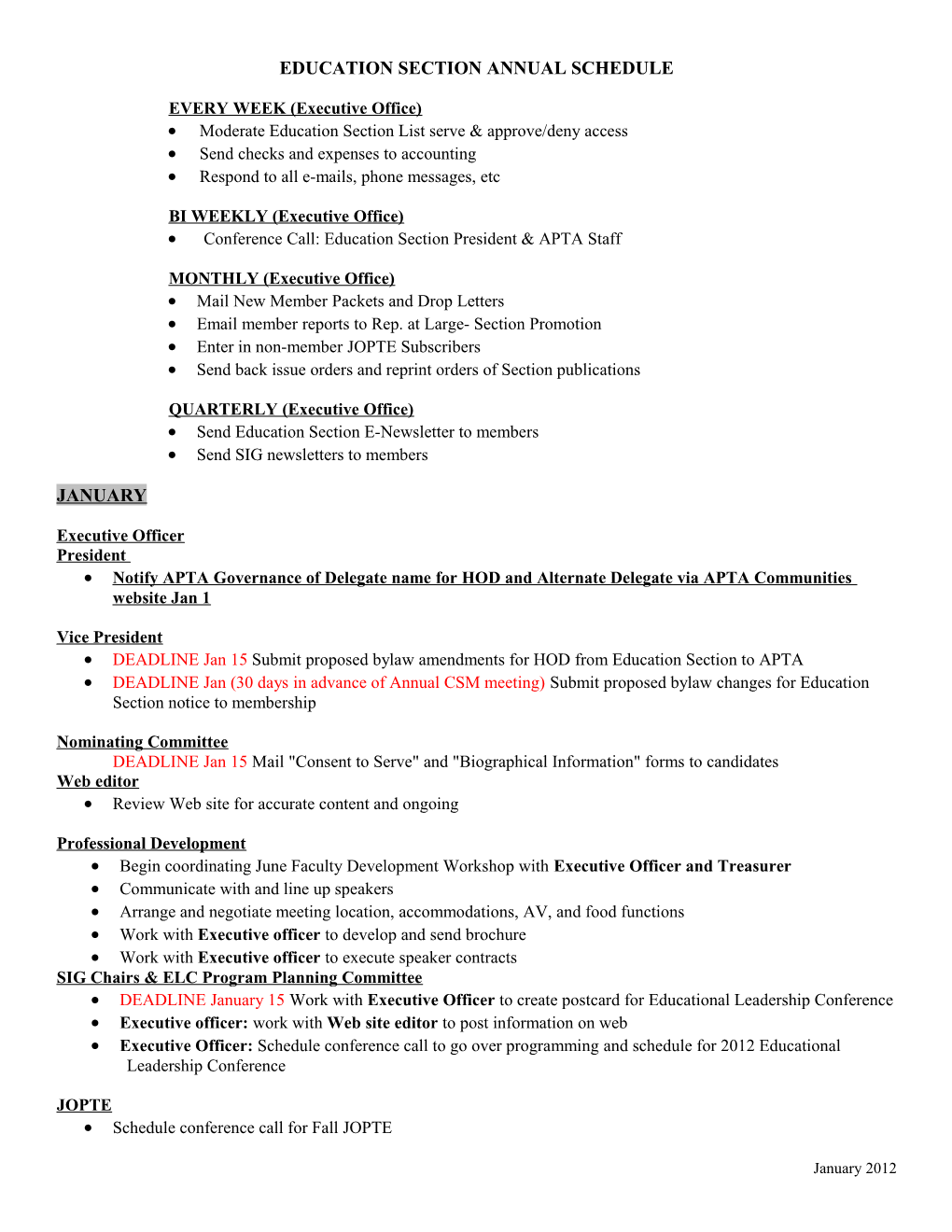 Education Section Annual Schedule