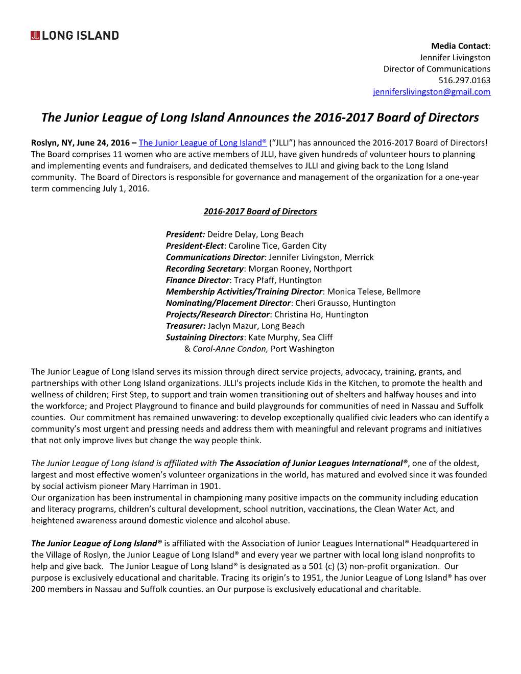 The Junior League of Long Island Announces the 2016-2017 Board of Directors