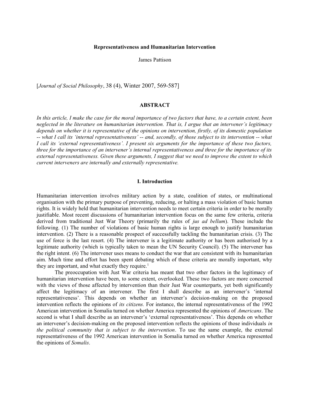 Chapter 6: Representativeness and Humanitarian Intervention