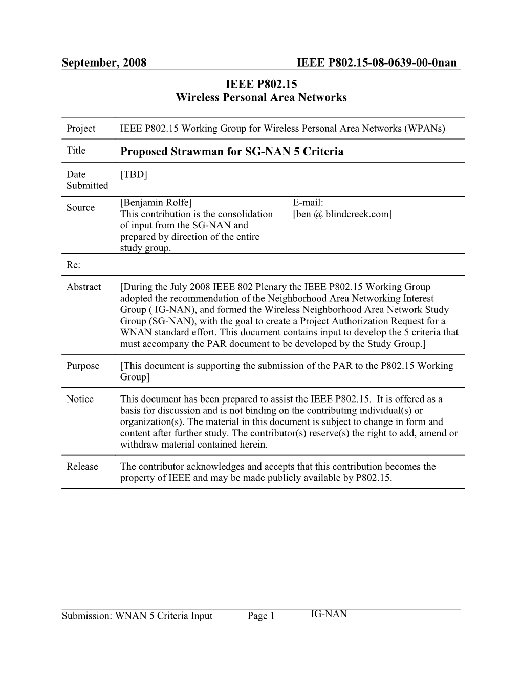 Proposed Strawman for SG-NAN 5 Criteria