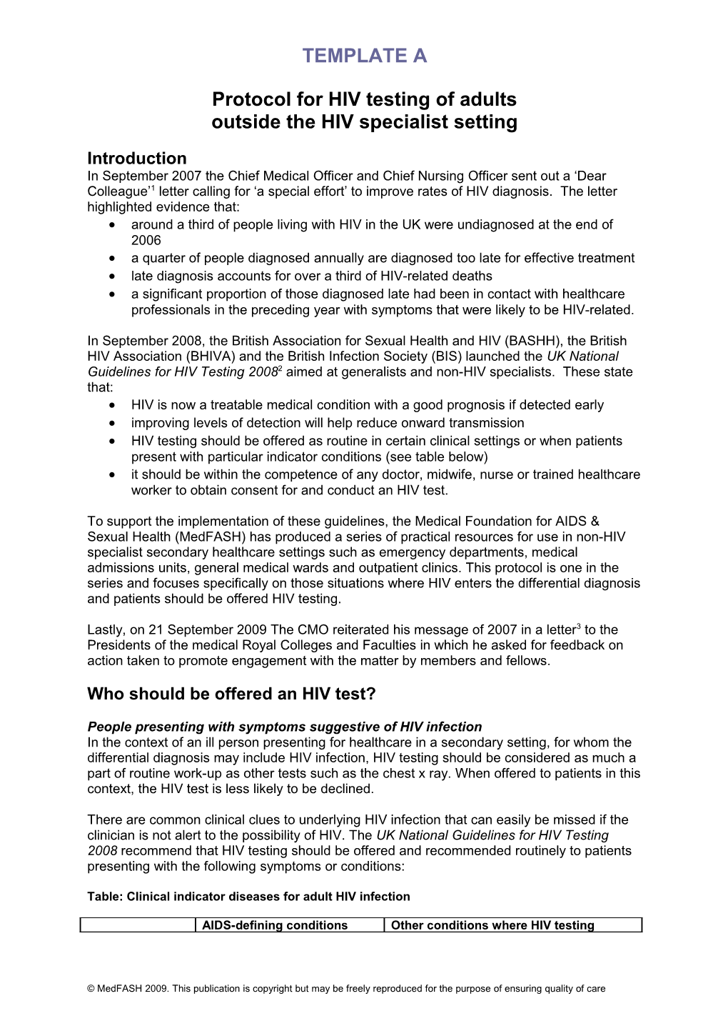 Protocol for HIV Testing of Adults Outside the Hivspecialist Setting