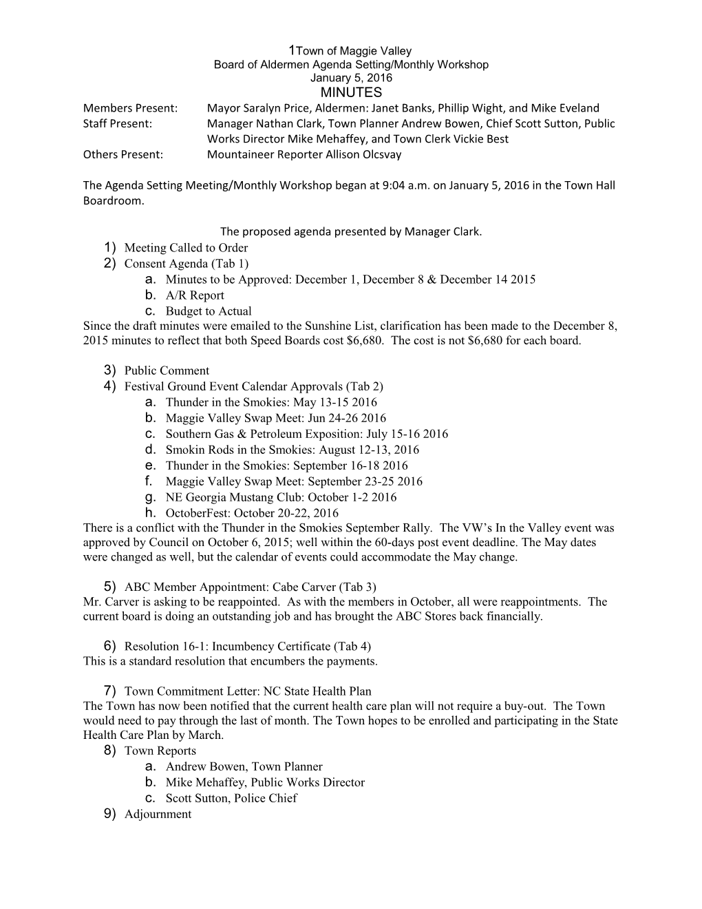 Board of Aldermen Agenda Setting/Monthly Workshop