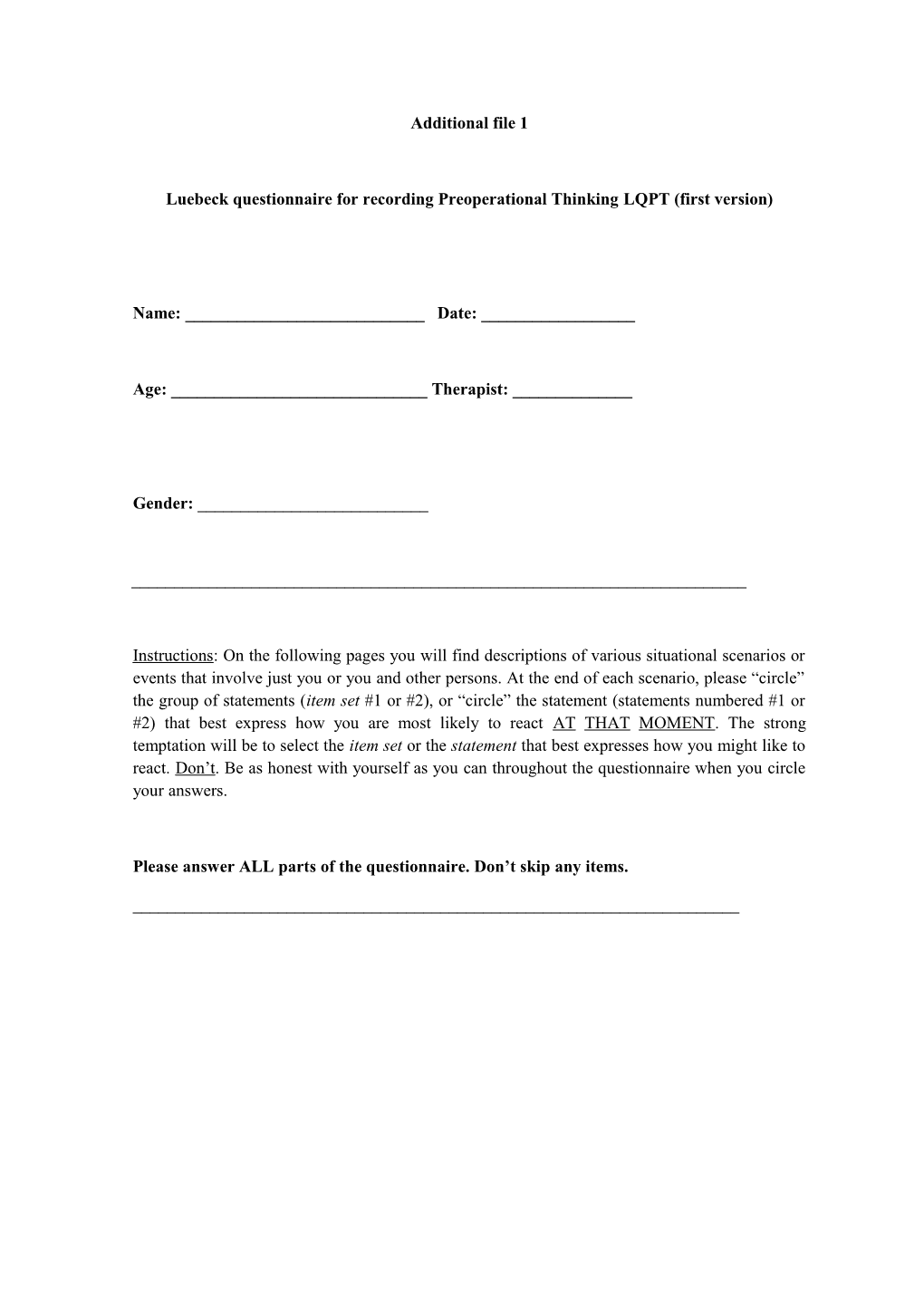 Luebeck Questionnaire for Recording Preoperational Thinking LQPT (First Version)