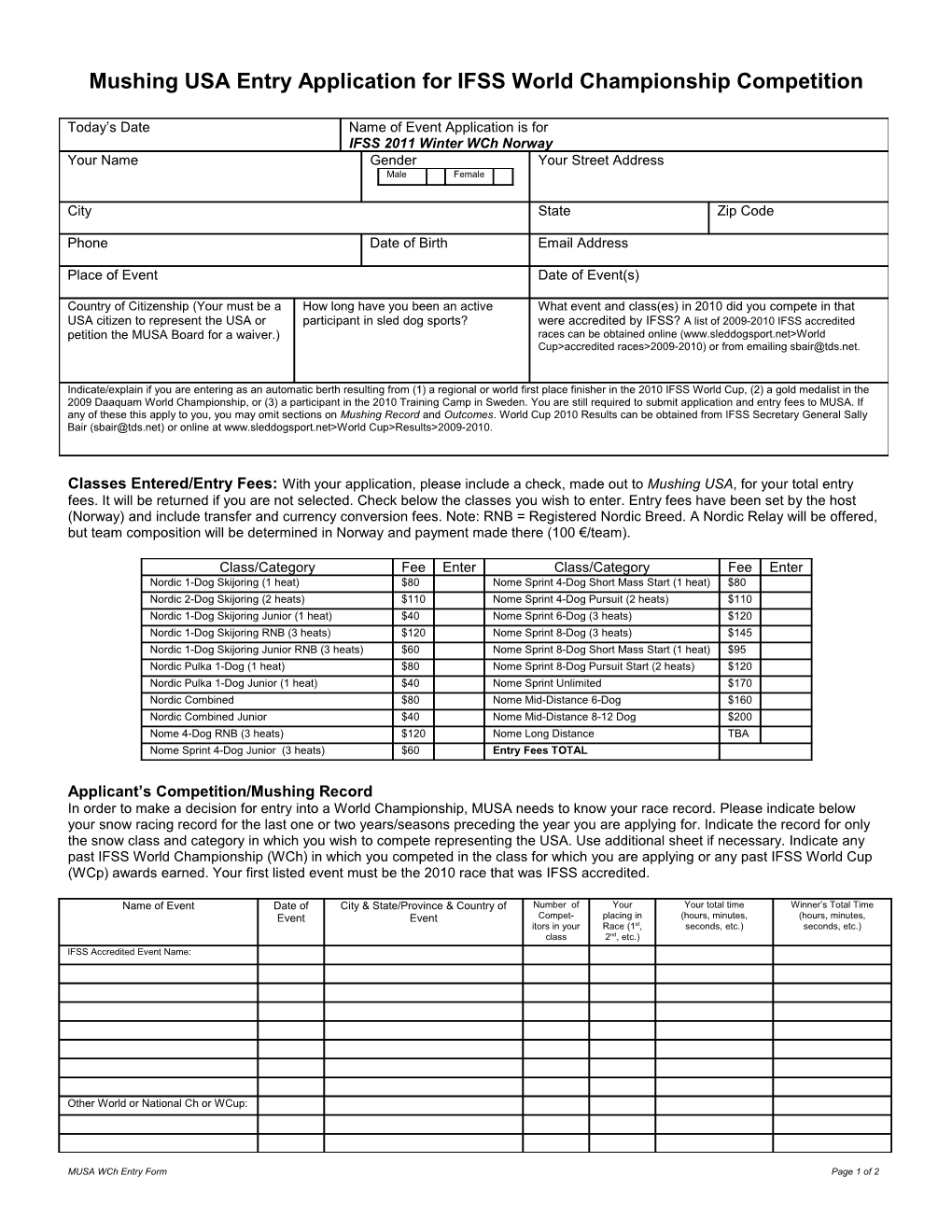 Mushing USA Entry Application for IFSS World Championship Competition