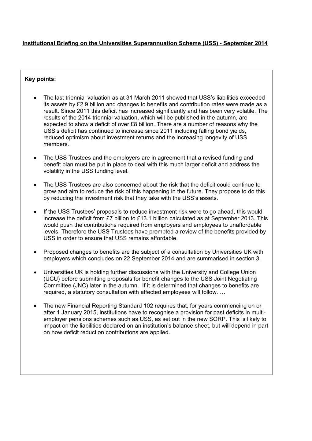 Institutional Briefing on the Universities Superannuation Scheme (USS) - September 2014