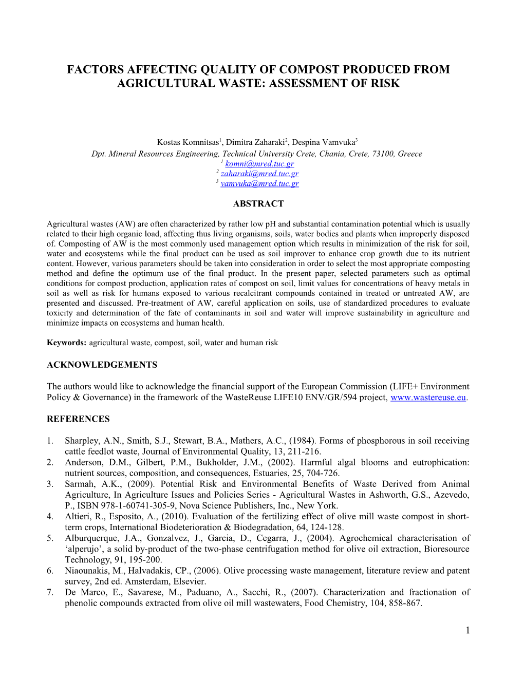 Factors Affecting Quality of Compost Produced from Agricultural Waste: Assessment of Risk