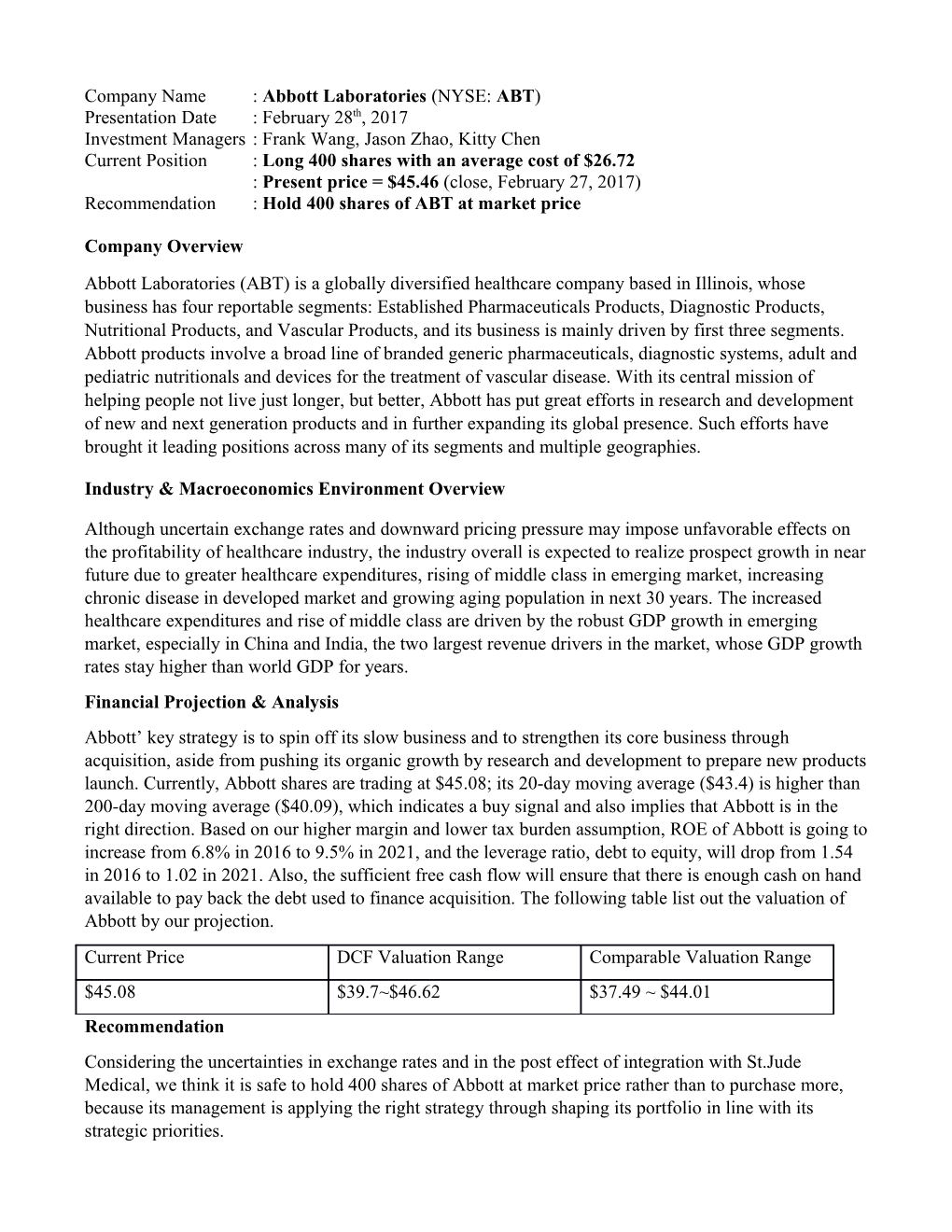 Company Name: Abbott Laboratories (NYSE: ABT )