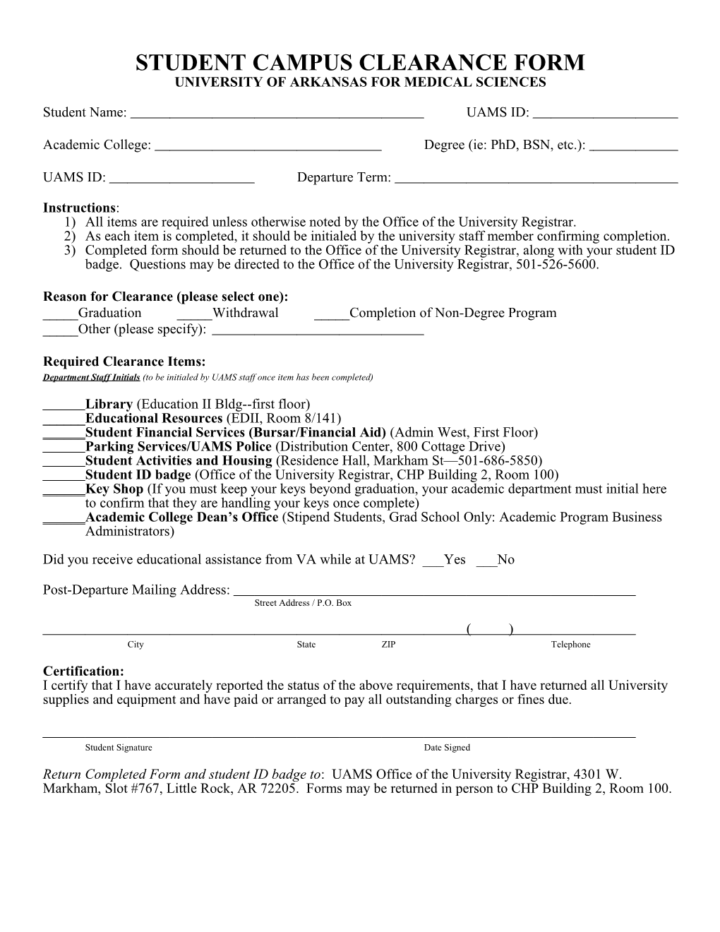 Form for Clearance from UAMS Campus