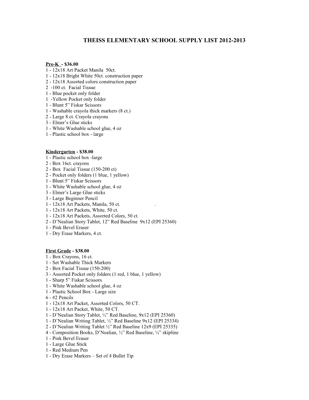 Theiss Elementary School Supply List 1997-98