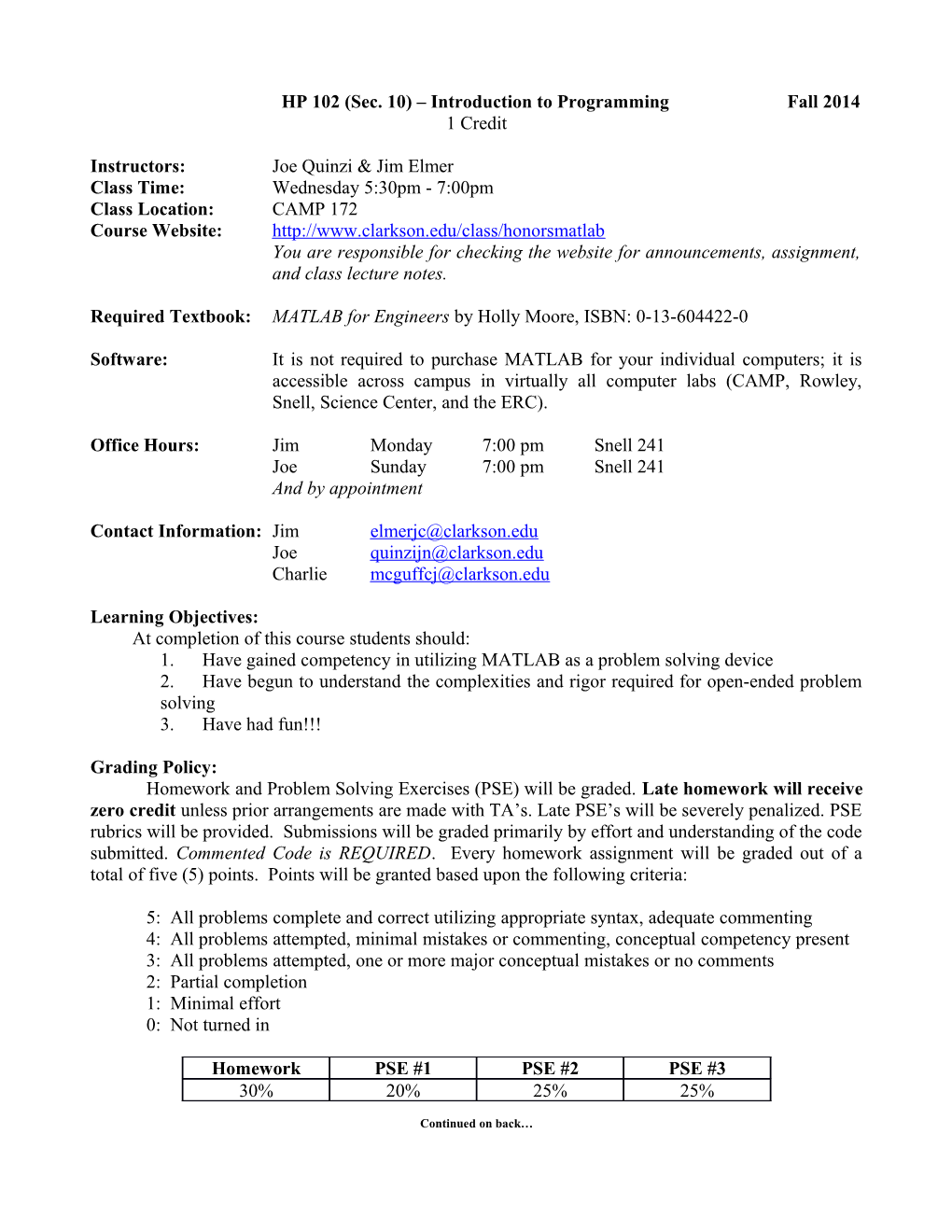 HP 100 Honors MATLAB Module