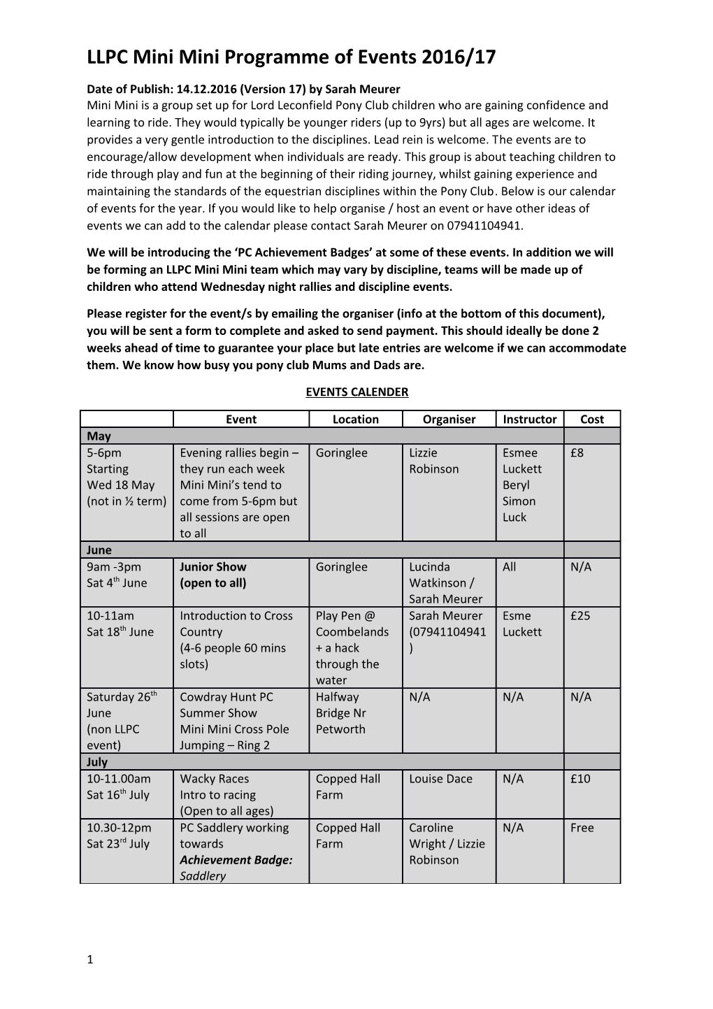 LLPC Mini Mini Programme of Events 2016/17