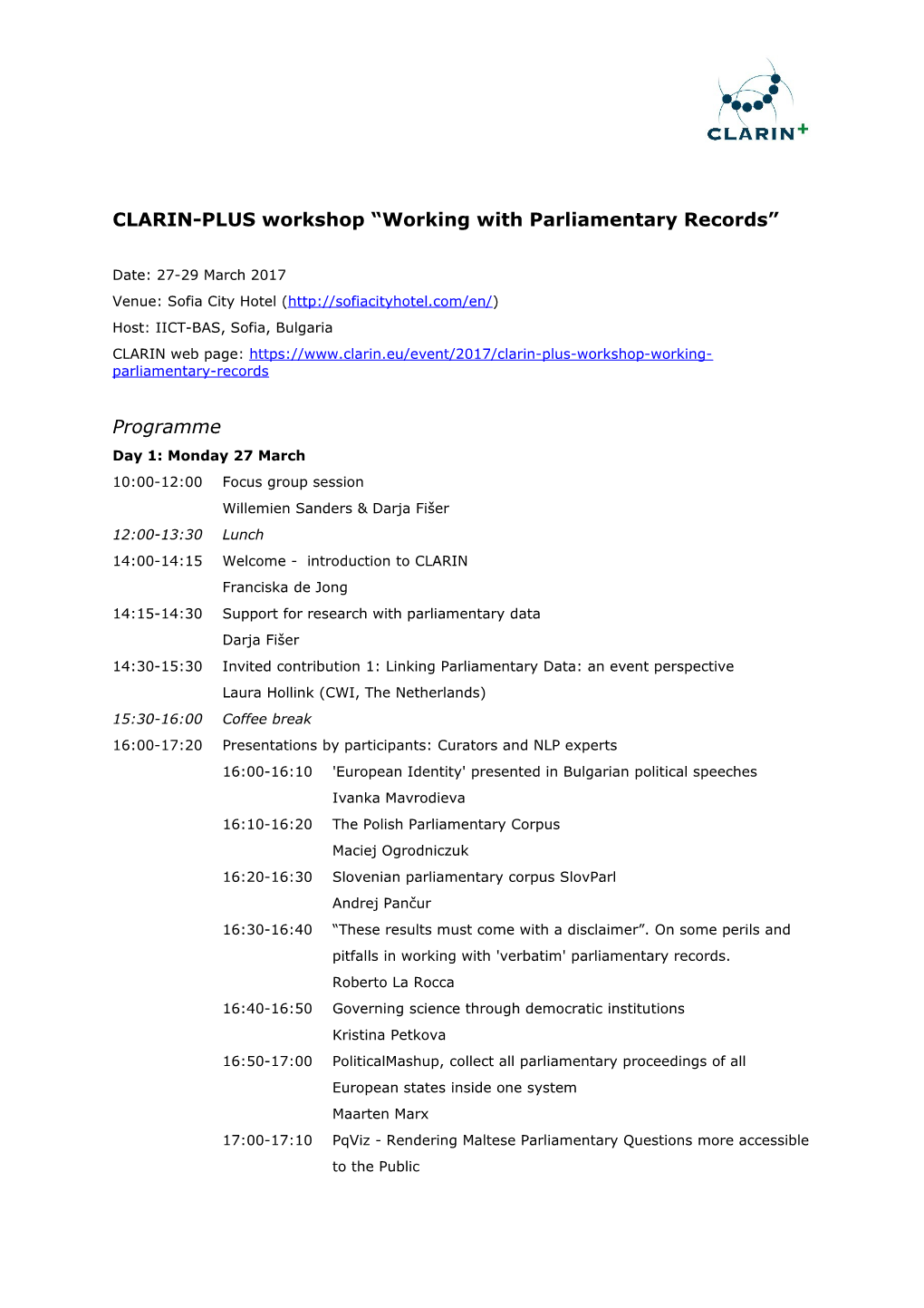 CLARIN-PLUS Workshop Working with Parliamentary Records