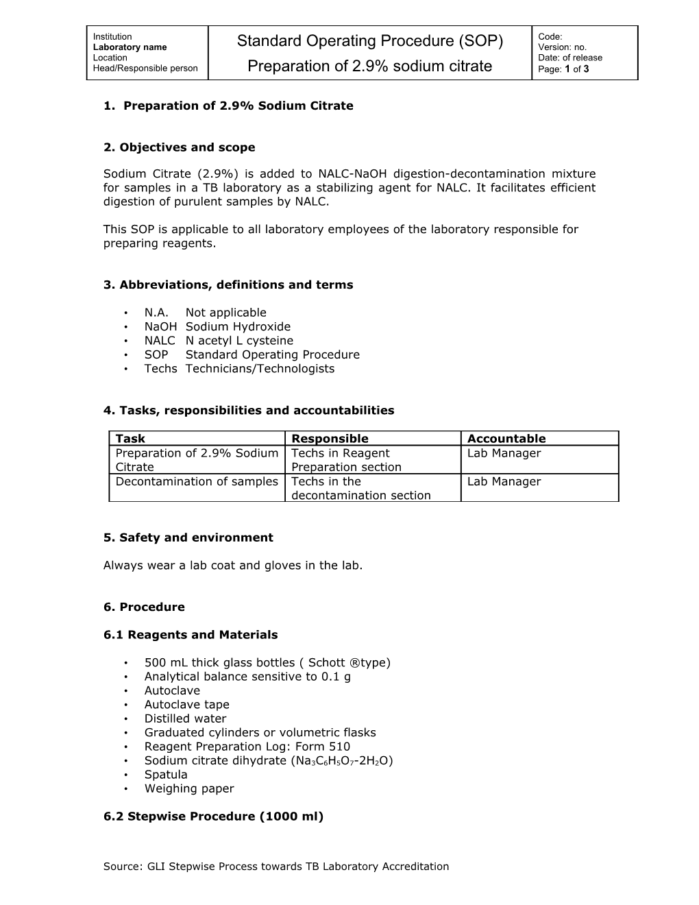 1. Preparation of 2.9% Sodium Citrate 2. Objectives and Scope