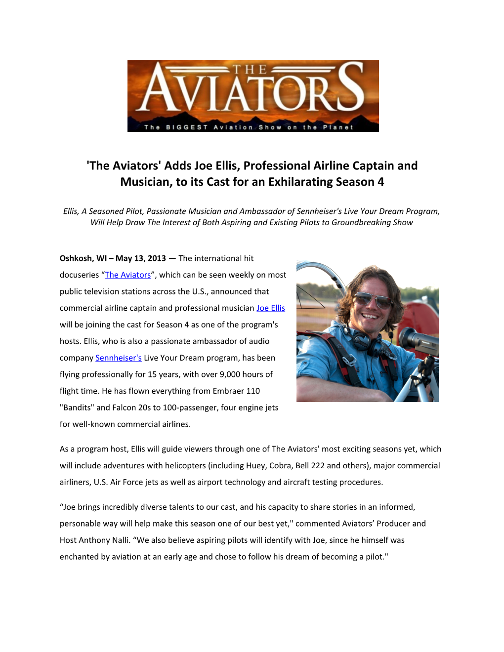 'The Aviators' Adds Joe Ellis, Professional Airline Captain and Musician, to Its Cast