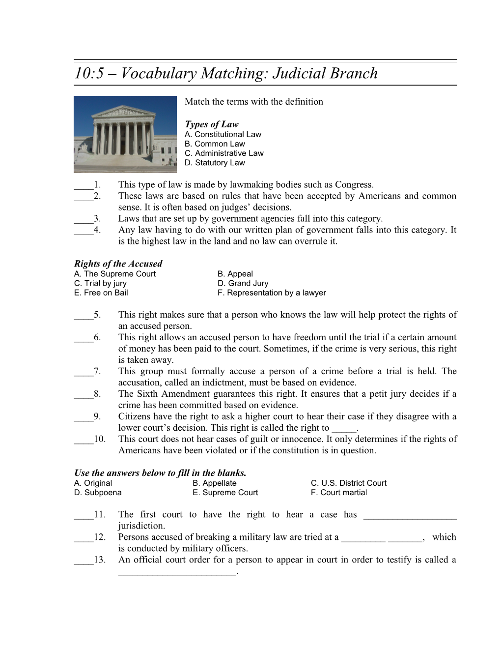 10:5 Vocabulary Matching: Judicial Branch