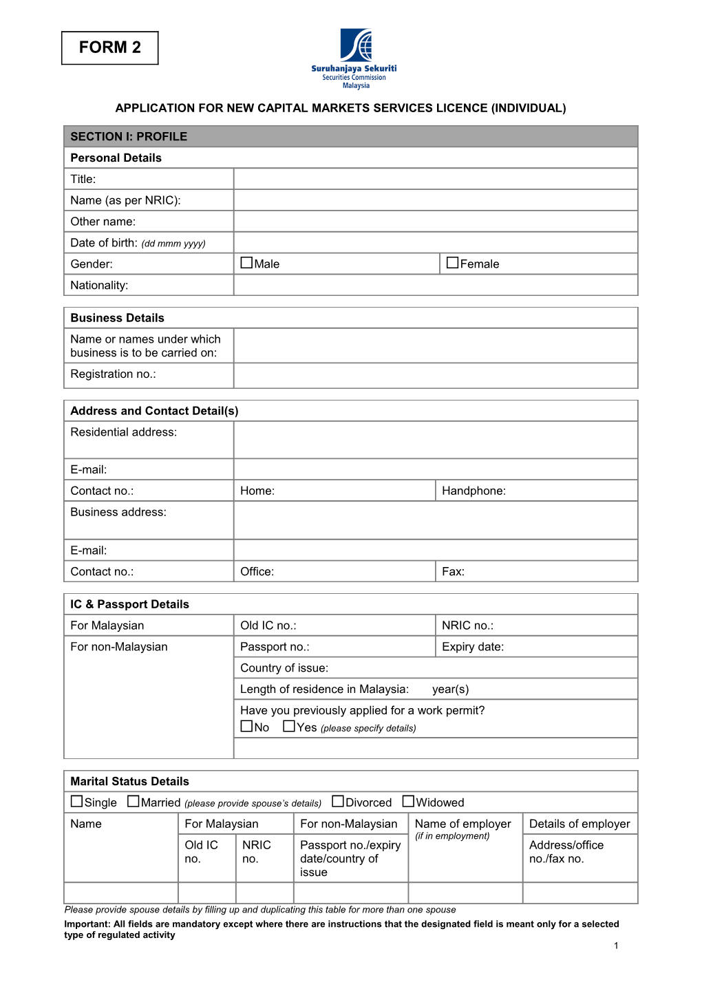 Application for New Capital Markets Services Licence (Individual)