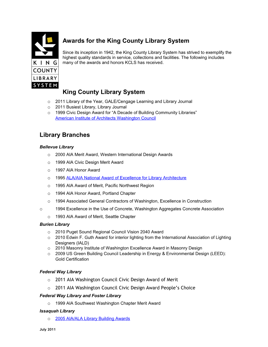 Awards Received by the King County Library System