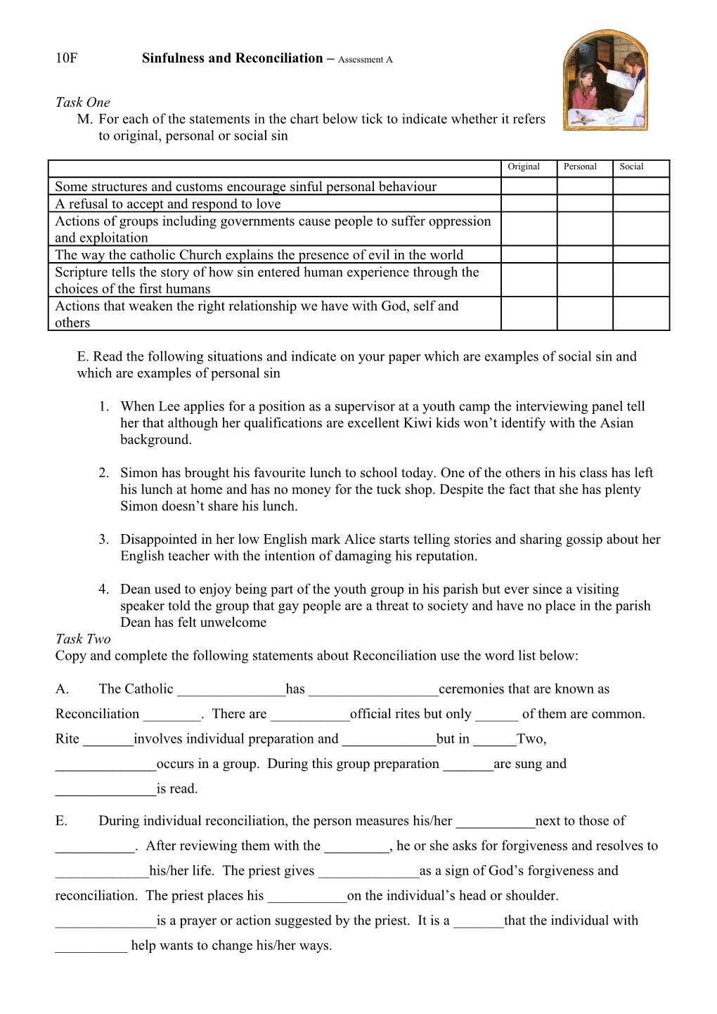 10F Sinfulness and Reconciliation Assessment A